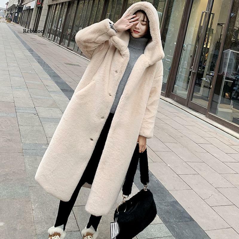 Inverno das mulheres de alta qualidade do falso casaco de pele de coelho casaco de pele longa de luxo solto lapela casaco grosso quente feminino casacos de pelúcia