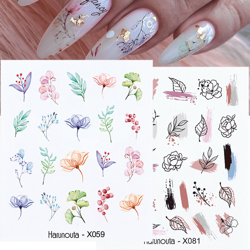 Harunouta Black Lines Flower Leaf Water Decals Stickers Spring Simple Green Theme Face Marble Pattern Slider For Nails Art Decor