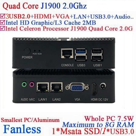 Mini PC Celeron J1900, Quad Core, Windows 1000M LAN, Fanless, Computador, NetTop, HDMI, VGA, USB, SSD