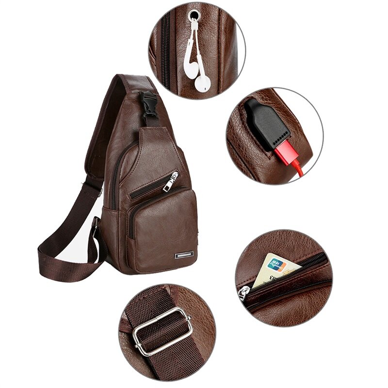 Bolsas de couro Crossbody para homens, Saco Peito USB, Designer Messenger Bag, Bolsas de Ombro, Pacote Diagonal, Mochila de Viagem, Novo