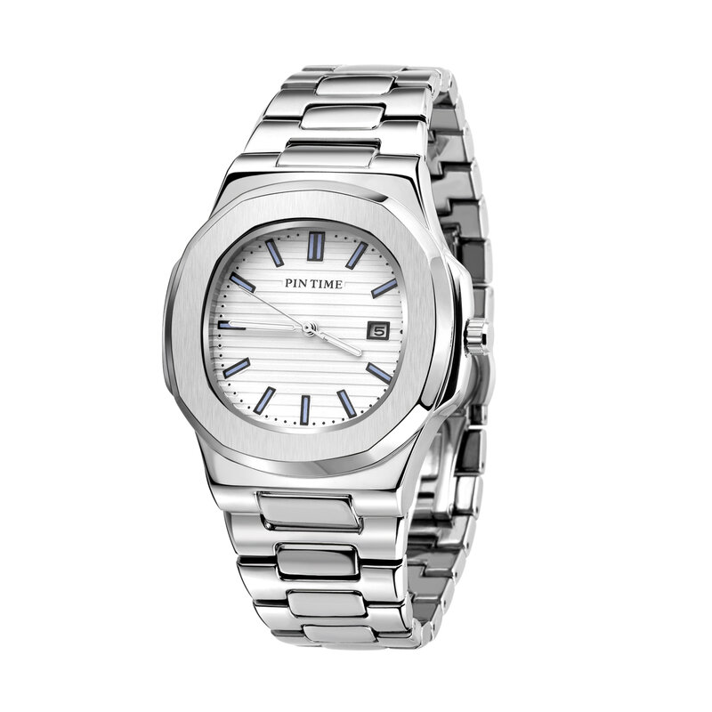 PINTIME أفضل العلامة التجارية رجالي ساعة فضية وجه مربع موضة ساعات الفولاذ المقاوم للصدأ سوار فولاذي ساعة اليد عادية للرجال مع التقويم