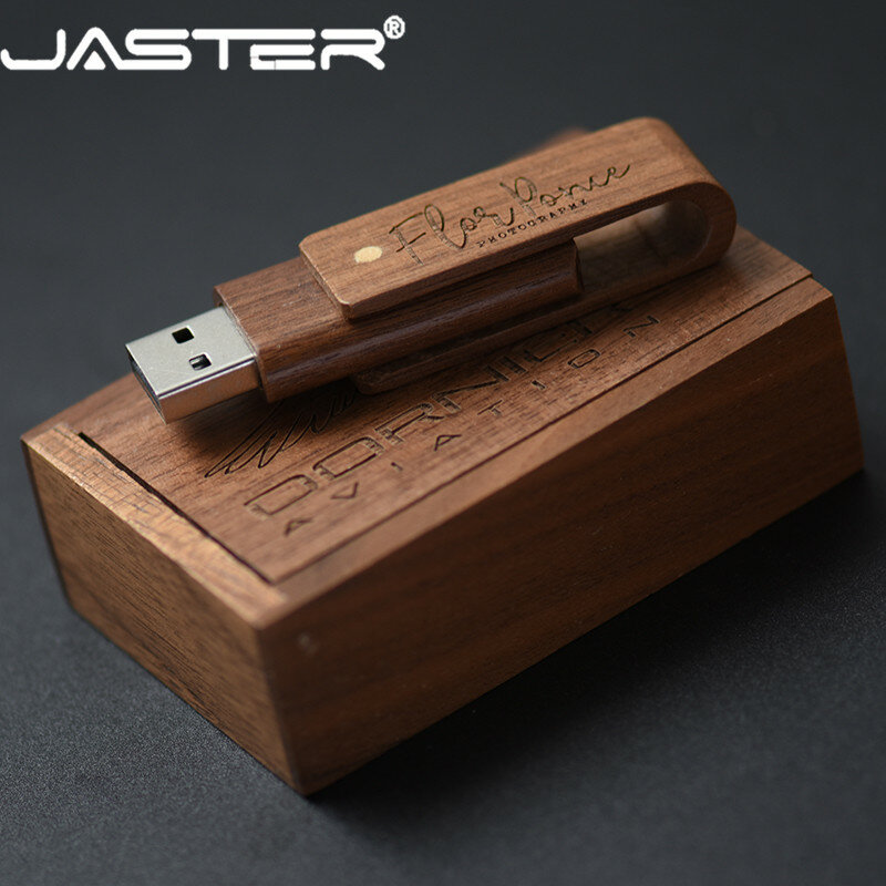 JASTER 2.0 Flash Drives 64GB Logotipo personalizado gratuito Pendrive 32GB wooden spin + box USB Stick 16GB 8GB Spin Walnut Armazenamento externo