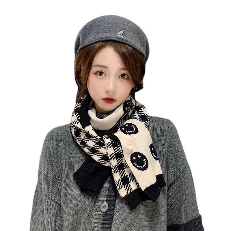 Écharpe en laine tricotée pour homme et femme, châle chaud et Long, épais, Smiley noir, mode hiver 2021