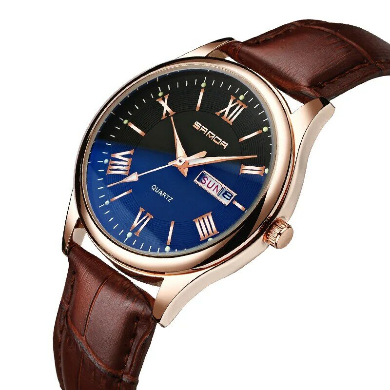 SANDA New Mature Style Classic Style Blue Glass Double Calendar Luminous Leather Watch With Pointer Men's Quartz Watch