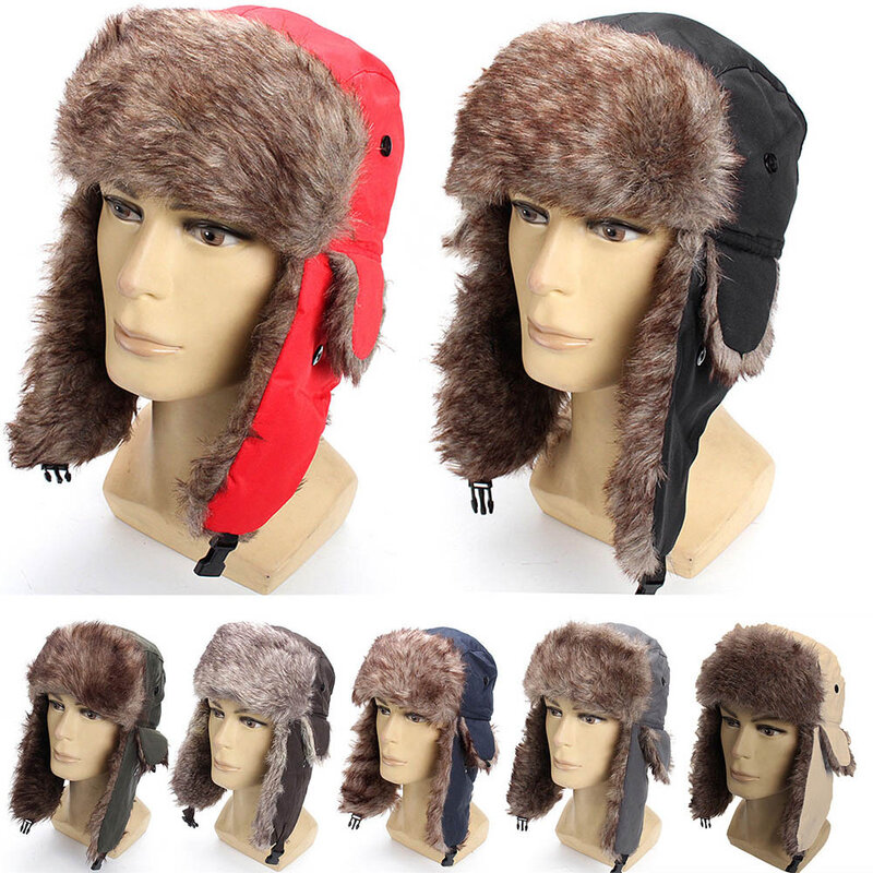 Gorro de esquí con orejeras para hombre y mujer, gorro de esquí ruso de piel sintética, Unisex