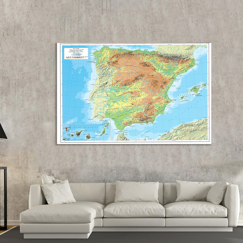 150*100 Cm Peta Topografi Spanyol (Dalam Bahasa Spanyol) Kanvas Tanpa Tenun Lukisan Dinding Poster Seni Perlengkapan Sekolah Dekorasi Rumah