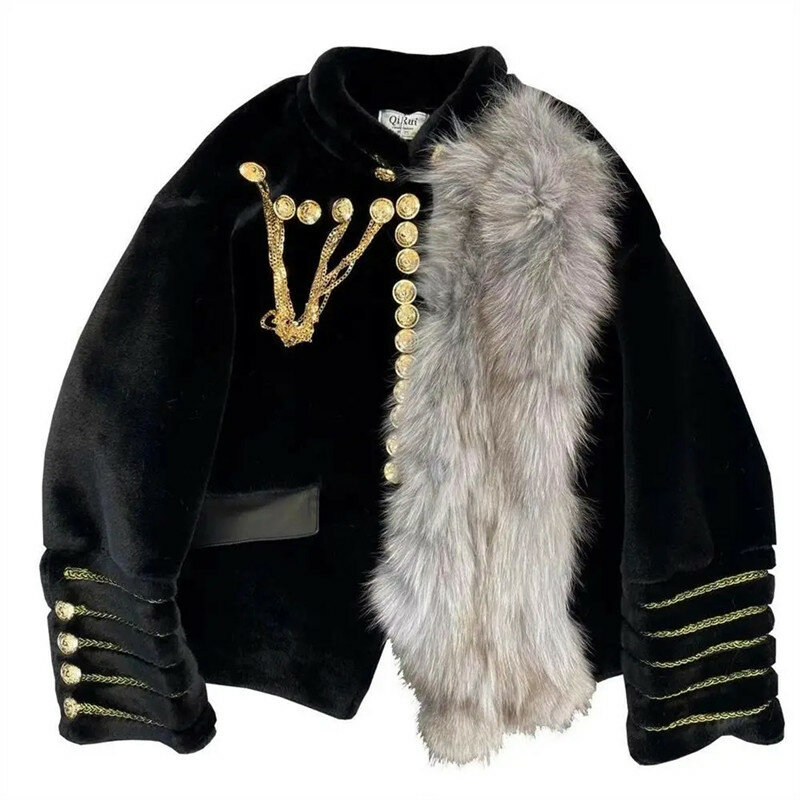 แฟชั่นเสื้อแจ็คเก็ตสีดำเสื้อขนสัตว์ Faux 2021ขาตั้งคอยาวแขนยาวสไตล์อังกฤษ Outerwear Bolero Femme ฤดูหนาวเสื้อผ้าผู้หญิง