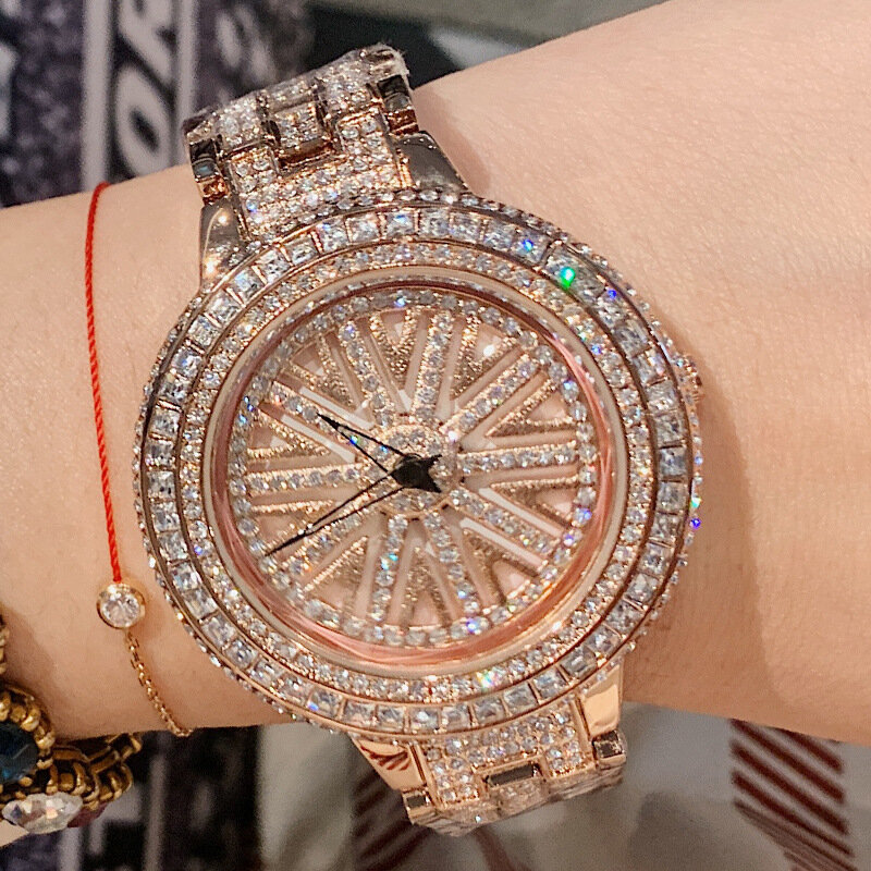 Wysokiej jakości moda Spinning Dial kobiety zegarki kwarcowe projektant wodoodporny zegarek z bransoletką z Rhinestone kryształowy zegarek damski