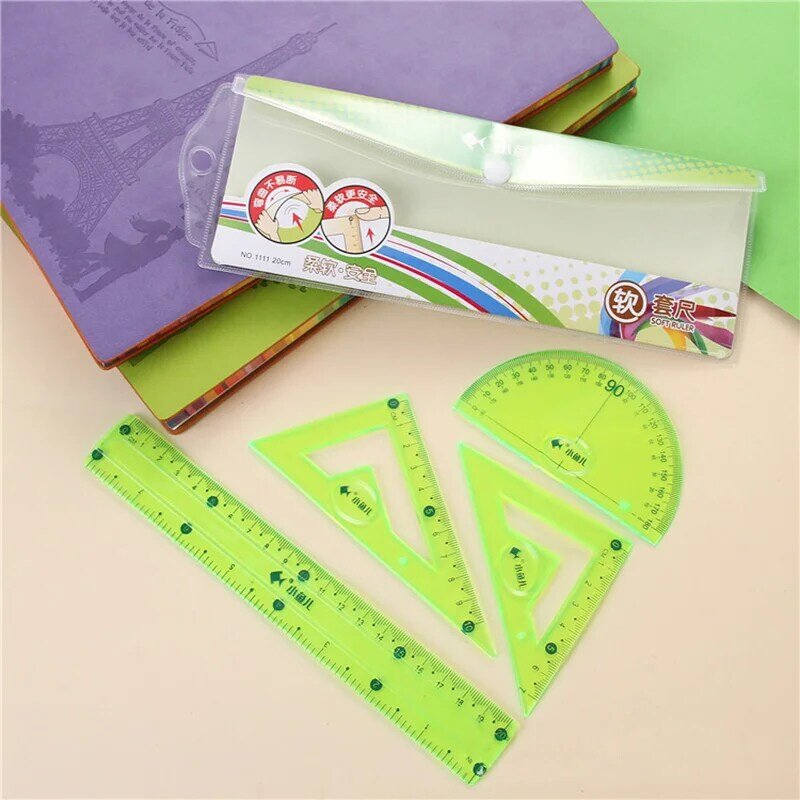 4 Pcs/Set Plastic Soft Ruler Set Straightedge Triangle Protractor Sets Red Blue Green Students Math Geometry Painting Supplies