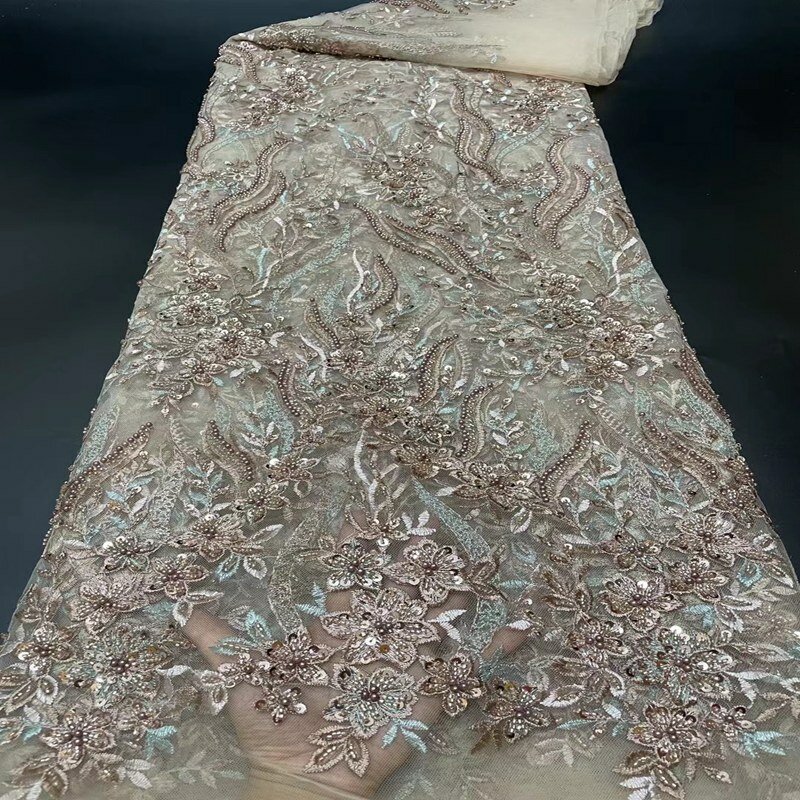 Qualidade superior de luxo tecido renda nigeriano africano feito à mão contas rendas francês tecido bordado 5 metros para festa ts9479
