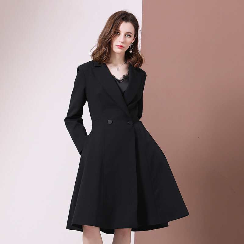 우아한 긴팔 블레이저 드레스 정장 재킷 코트 슬림 드레스 여성용, 무릎 길이 오피스 블랙, 신제품, 가을 겨울