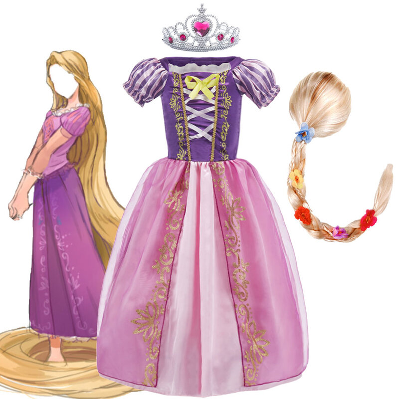 Gaun Rapunzel Anak Perempuan Kecil Kostum Putri Musim Panas Anak-anak Pakaian Pesta Natal Halloween Anak-anak Kusut 2-10 Tahun