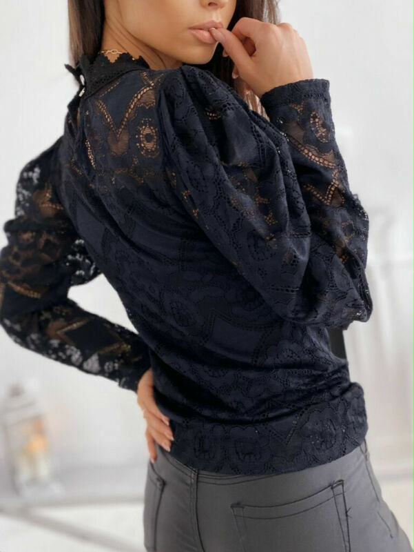 Women Hollow Out Lace Floral Shirt Blouses Female Long Sleeve Office Ladies Tops Turtleneck Blouse Pullover Clothes
