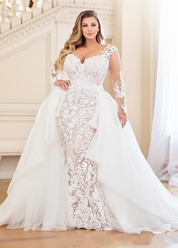 Plus Size Mermaid Wedding Dresses with Detachable Train 2023 Lace Applique Bridal With Long Sleeve Vestidos De Novia Beach