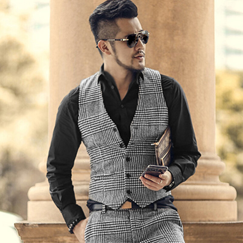 2022 inverno colete masculino de lã casual xadrez estilo europeu colete fino moda padrinhos coatfor casamento