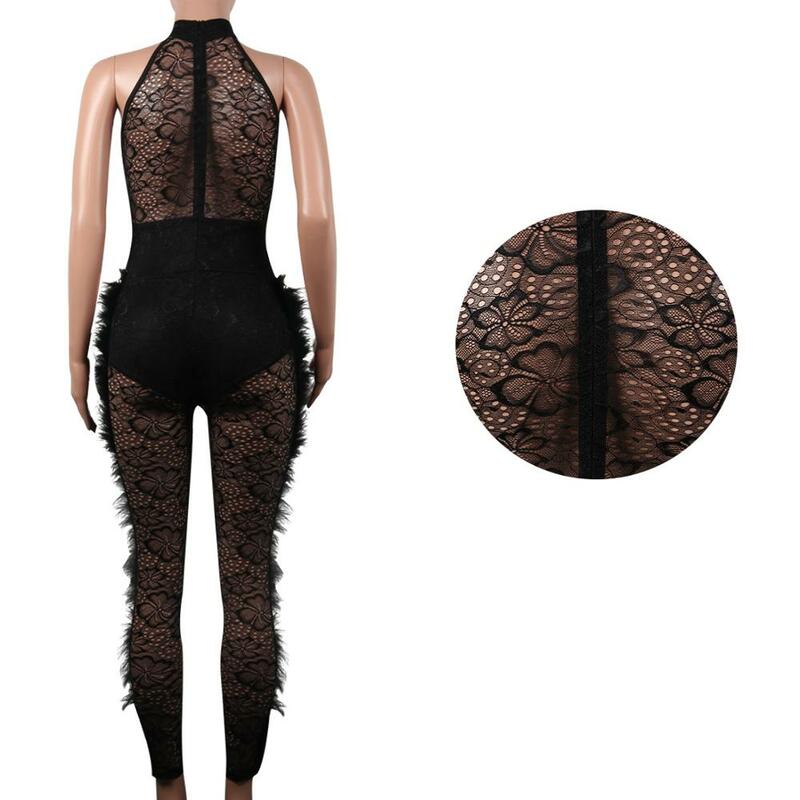 BKLD женский комбинезон, модный новый кружевной комбинезон с перьями из кусков 2019, женская летняя одежда, прозрачные черные сексуальные Клубные Комбинезоны