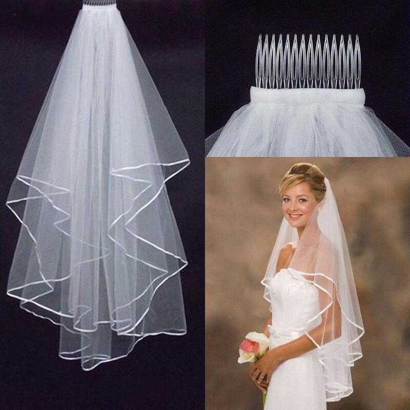 Matrimonio Tulle bianco avorio due strati veli da sposa bordo nastro accessori sposa signora donna velo con pettine