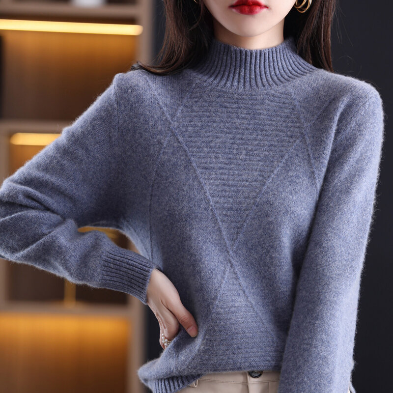 Maglione in Cashmere a mezzo collo alto autunno e inverno da donna nuovo stile 100 lana maglione a maniche lunghe in maglia allentata All-Match Slim Fit