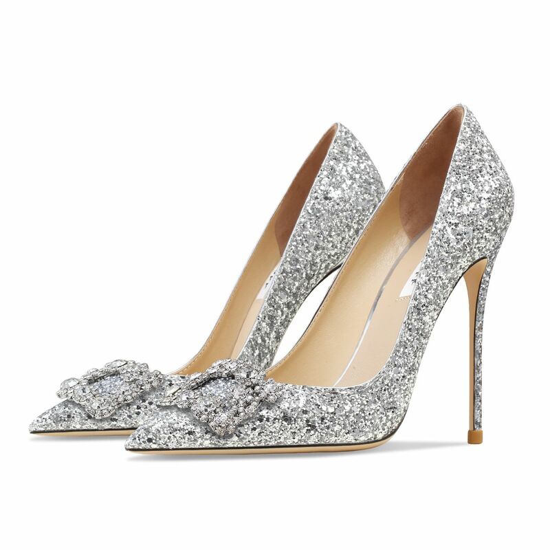 Sepatu Wanita Kristal Kulit Asli Sepatu Hak Tinggi Gesper Seksi Berlian Imitasi Sepatu Pernikahan Ujung Lancip Pesta Pompa Modis Glitter