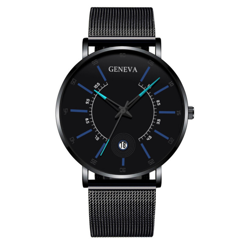 Новое поступление 2023, мужские часы Geneva, ультратонкие деловые минималистичные часы, черные стальные кварцевые часы с сетчатым браслетом и календарем