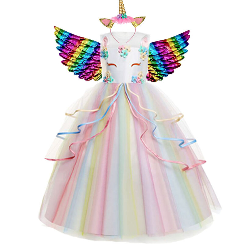 Детское платье для девочек; Детское платье для дня рождения костюмы Единорог радужные платья для девочек с цветочным принтом, свадебное платье, комплекты одежды, Vestidos От 3 до 11 лет