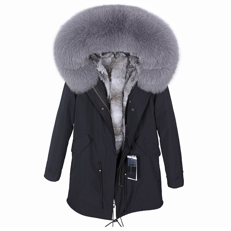 Maomaokong casaco de inverno feminino, forro de pele de coelho real, gola de pele de raposa, longo casaco de parka feminino cinza, casaco de inverno ao ar livre