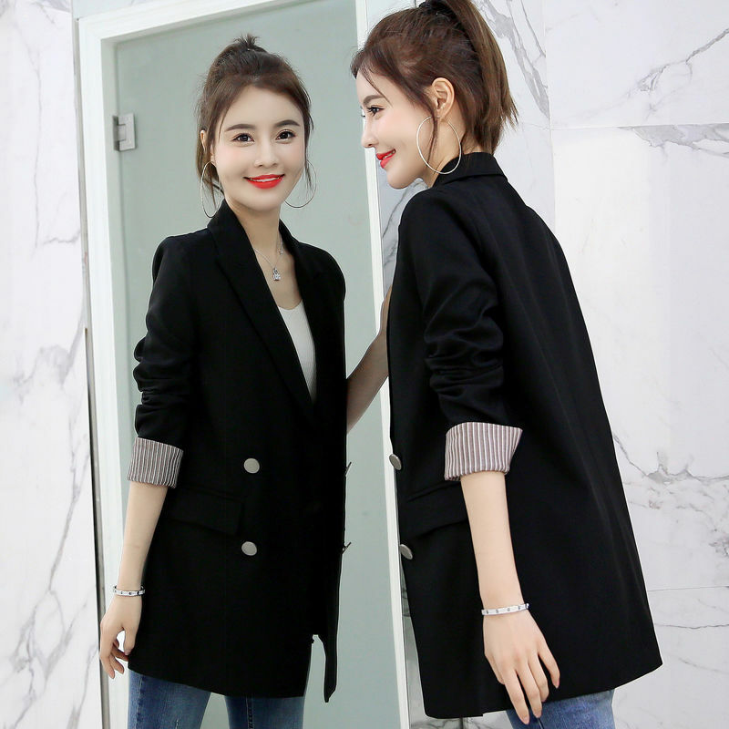 2019 Women Double Breasted Long Blazers Office Lady Small Suit Jacket Ladies Leisure Black Blazer Loose Female Coat Streetwear