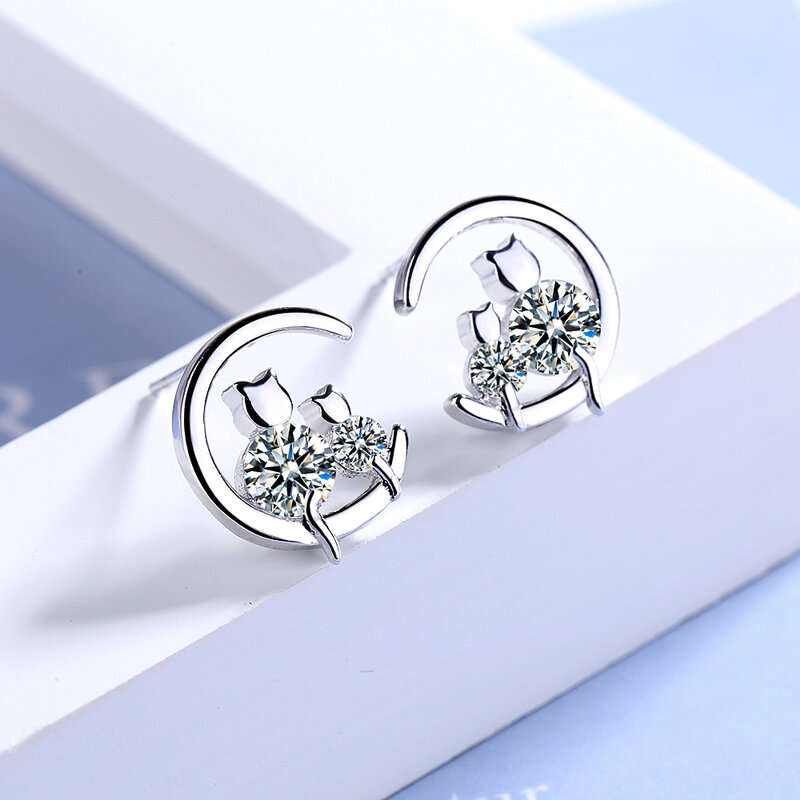 ANENJERY Simple Cute Cat Stud Earrings For Women Silver Color Zircon Earrings Gift S-E910