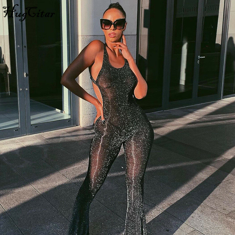 Hugcitar 2019 backless hollow out sexy flare jumpsuit autumn winter women streetwear club party bodycon body