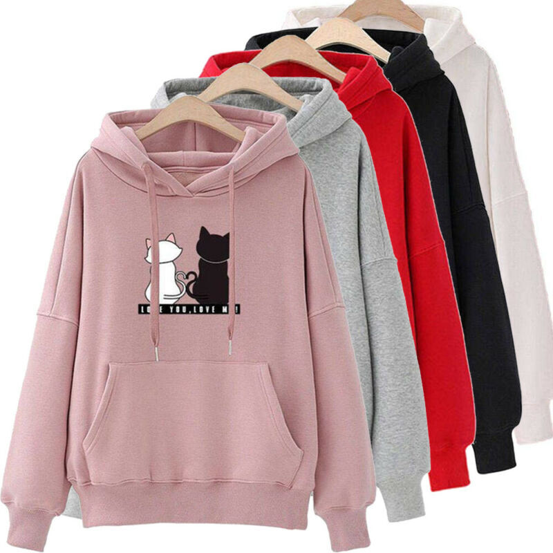 2019 mode Beiläufige Hoodies Sweatshirts Frauen Kleine Katze Print Tasche Hoodie Pullover Mädchen Schule Streetwear Hoodie Weibliche Tops