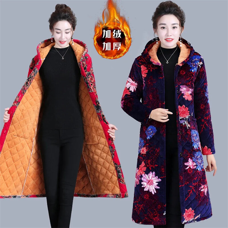 Abrigo acolchado con capucha para mujer de mediana edad, chaqueta acolchada de algodón, suelta, de longitud media, otoño e invierno, A725