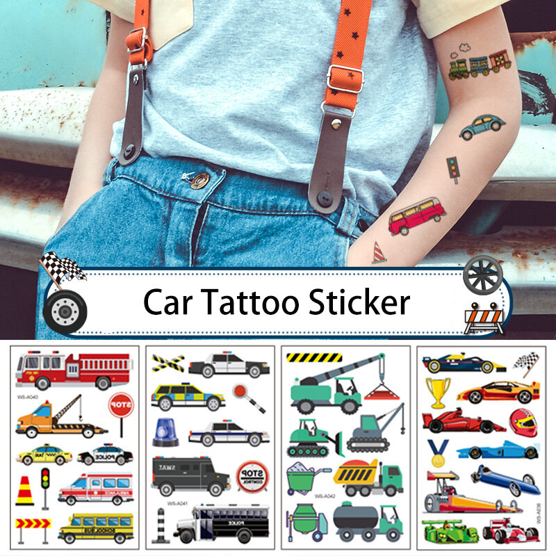 10 sztuk samochodów tatuaż naklejki tymczasowe wodoodporne Sweatproof ruchu Cartoon fałszywe ciało transferu sztuki ramię nogi dzieci zabawka dziecięca na prezent