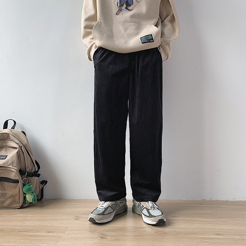 Pantaloni Casual larghi in velluto a coste solido da uomo autunno e inverno con tasche pantaloni a gamba larga