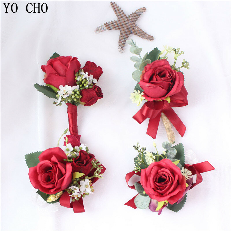 Yo Cho Cerah Merah Sutra Buatan Tangan Bunga Bridesmaid Bros Gaun Aksesoris Pria Boutonniere untuk Pernikahan Prom Pesta
