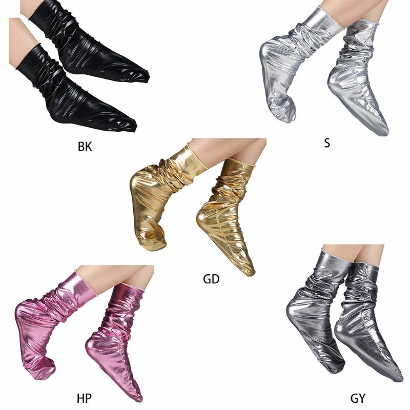 Women Faux Patent Leather Loose Crew Socks Shiny Metallic Wetlook Solid Clubwear
