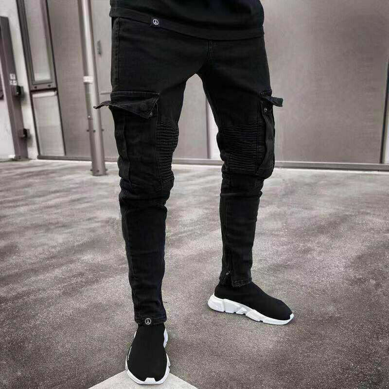 Pantalones Cargo ajustados de pierna recta para hombre, pantalón vaquero informal, color negro, urbano, a la moda, S-3XL