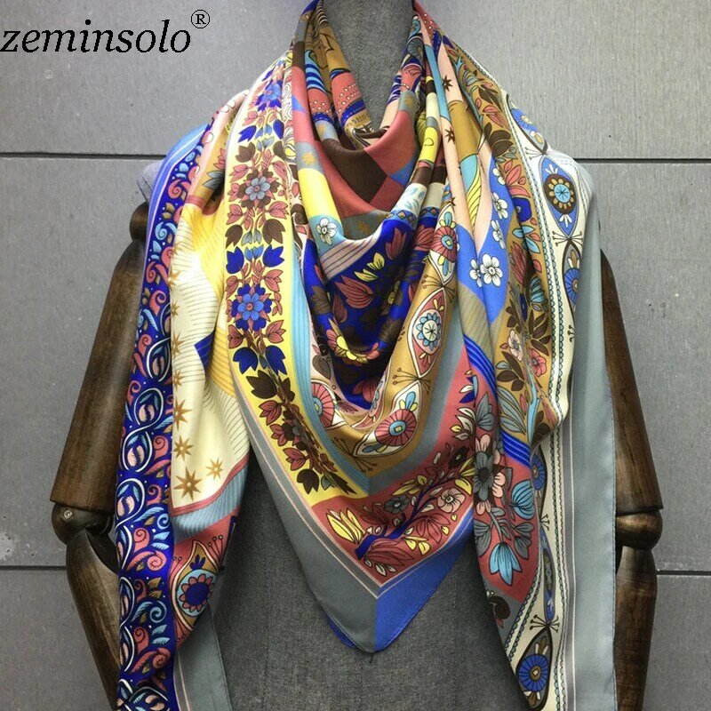 Moda 100% lenço de seda feminino grandes xales estolas impresso cachecóis quadrados echarpe foulard femme envolve lenços bandana 130*130cm