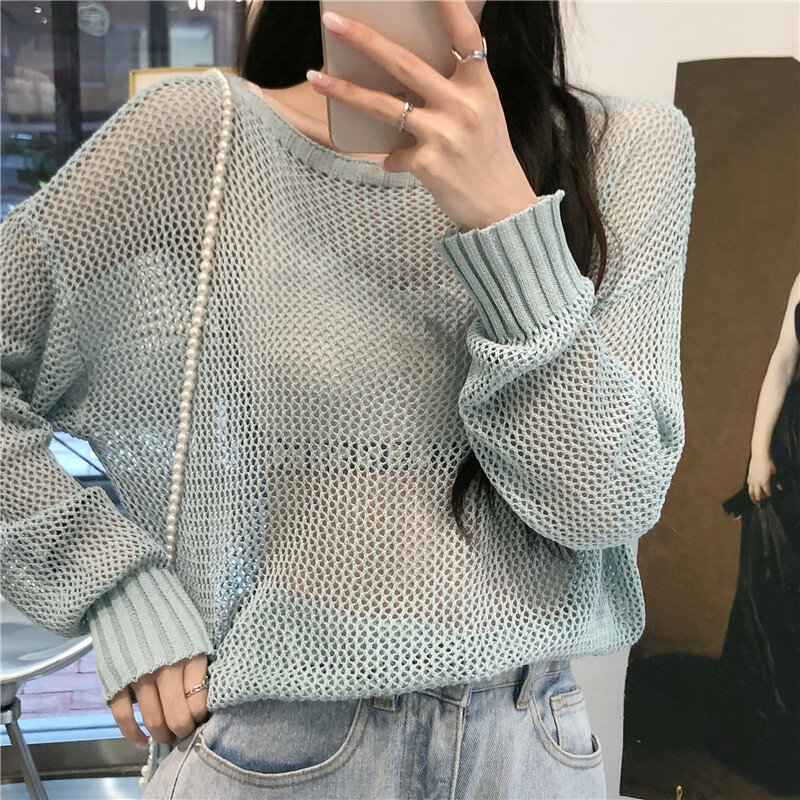 Fishnet see-through Sweater knitting Loose oversized sweater 2020 Autumn New O Neck Knitted Transparent Mesh Sweater 8800i