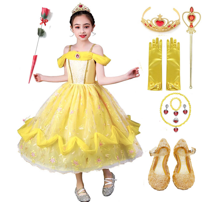 Vestidos de princesa bella para niña, disfraz de Cosplay de verano, fiesta de cumpleaños y Halloween, ropa de La Bella y La Bestia