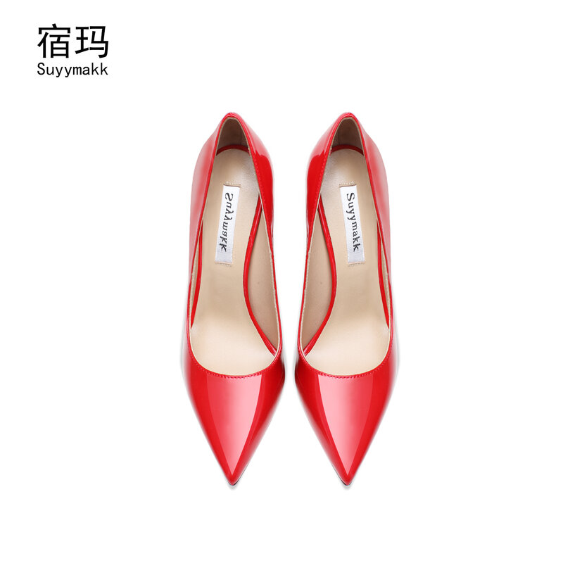 Novo couro real sapatos femininos de luxo vermelho salto alto clássicos bombas preto salto fino apontou toes sapatos boca rasa sapato casamento