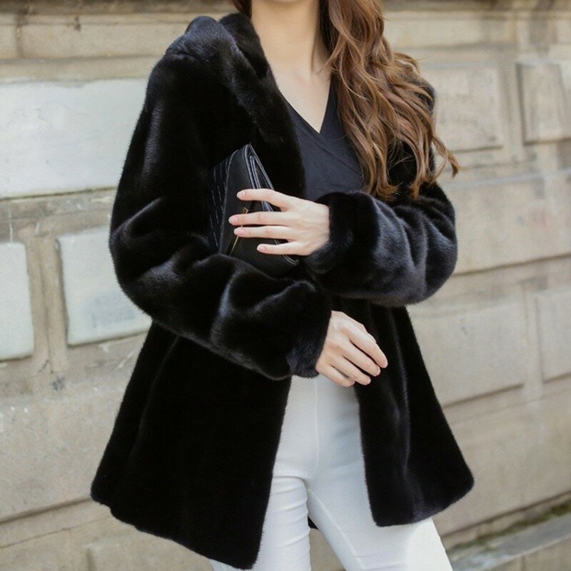 겨울 밍크 모피 후드 재킷 여성 두꺼운 따뜻한 코트 가짜 모피 따뜻한 재킷 외투 S-3XL