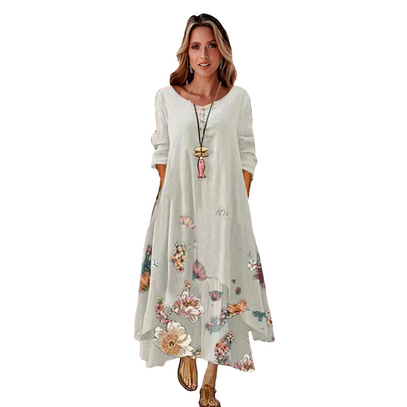 MOVOKAKA-vestido blanco para mujer, prenda de manga larga con botones, informal, elegante, estampado de flores, Vintage, largo, primavera y verano