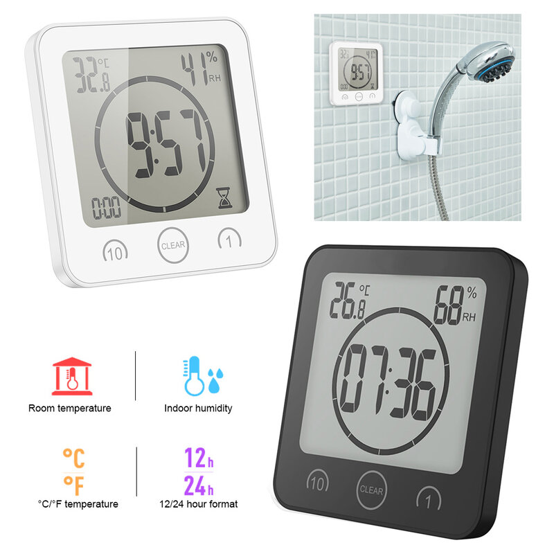 デジタルディスプレイ付き防水バスルーム壁掛け時計,温度湿度,カウントダウン時間,タイマー付き時計