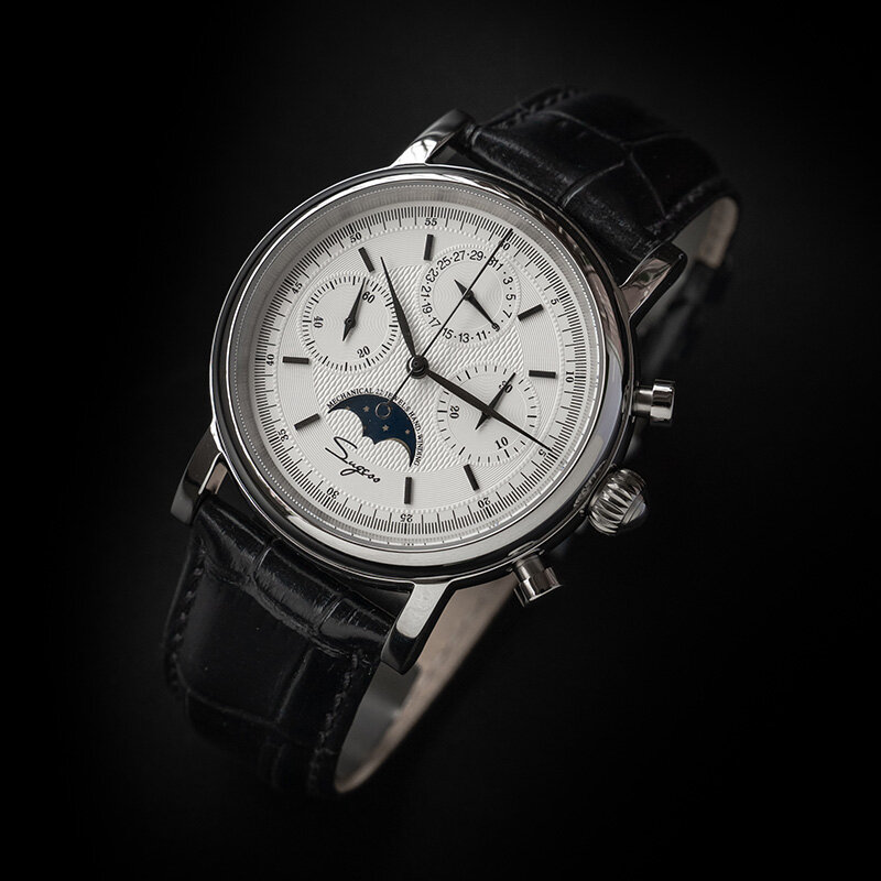 Sugess Mechanical นาฬิกาข้อมือสำหรับผู้ชาย Seagull ST1908 Chronograph Vintage Moonphase ของแท้หนังกันน้ำ50ATM ST19