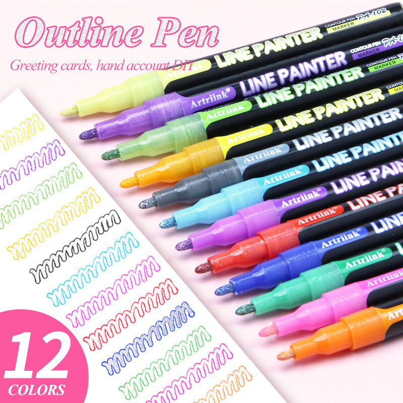 Artriink 12 цветов 1-2 мм ручки с двойной линией Контурные ручки с кончиком волокна на водной основе плавные чернила для письма рисования ослепительный маркер для творчества