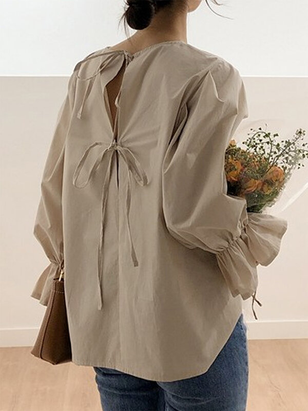 Женская блузка с длинными рукавами, однотонная блузка с круглым вырезом и Расклешенным рукавом, с бантом, летняя рубашка, 2019