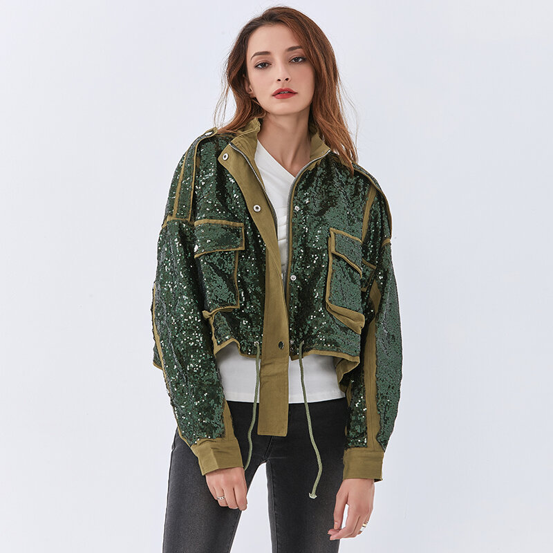 TWOTWINSTYLE giacca con paillettes Patchwork per uomo dolcevita manica lunga Casual giacche stringate donna 2022 primavera moda nuovo