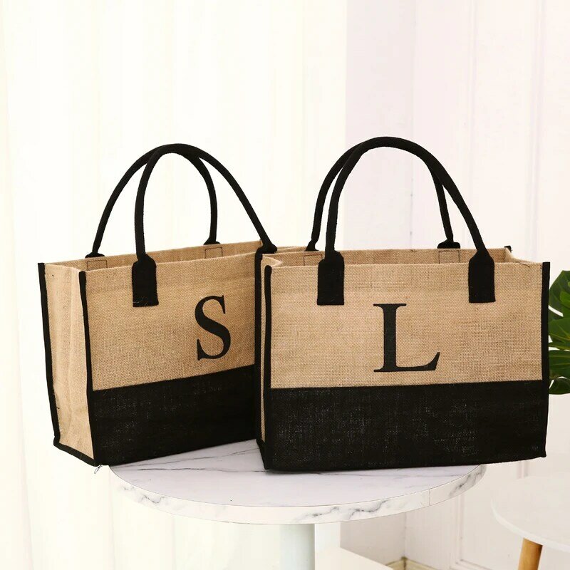 Women Natural Jute Shopping Tote Reusable Grocery Burlap Beach Bag with Soft Cotton Handle Girl Letter Summer Handbags