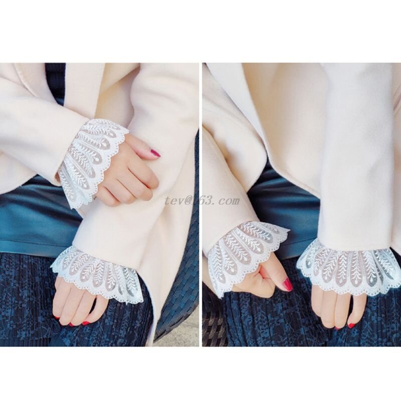 2 sztuk kobiety dziewczyny fałszywe rozszerzone rękawy kwiecista koronka plisowana Ruched fałszywe mankiety sweter na rękę podgrzewacze ze sztuczna perła przycisk