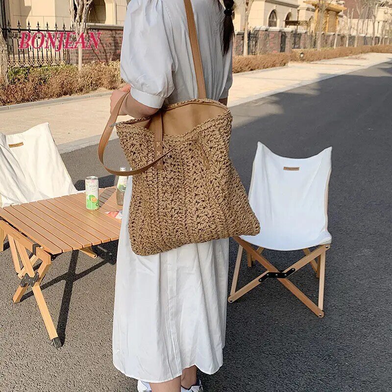 Weibliche Weave Tote Tasche 2021 Mode Strand Taschen Böhmischen frauen Design Handtasche Sommer Sattel Tasche Casual Stroh Strand Reise tasche